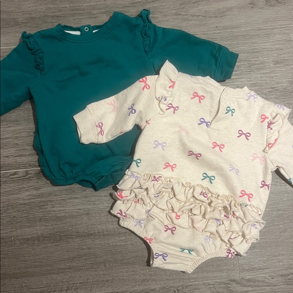 Ruffle Butts Bundle- Sweatshirt Bubble Rompers | Emerald Green & Bow Print